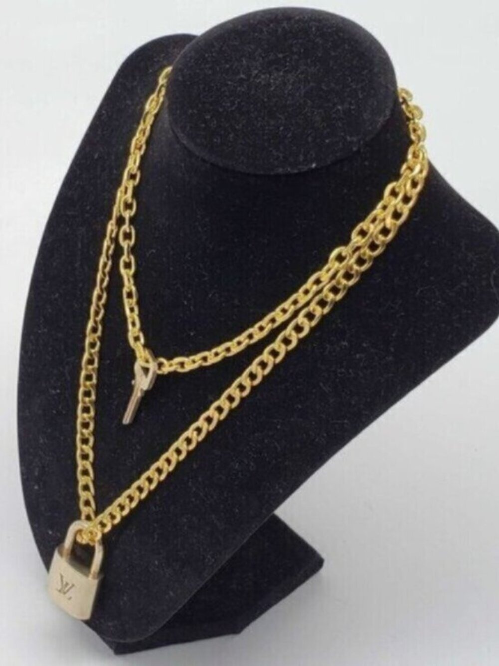 Authentic Louis Vuitton Lock & Key w/ 18k Gold Plated Stainless 2 Necklaces - Picture 3 of 13